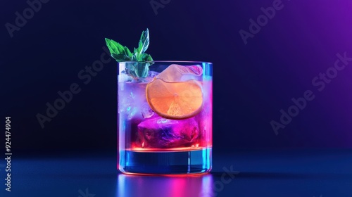 A retro-style cocktail features colorful fusion liqueur, neon lights, and vintage glassware.