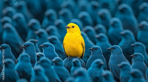 A bold yellow bird in a flock of blue