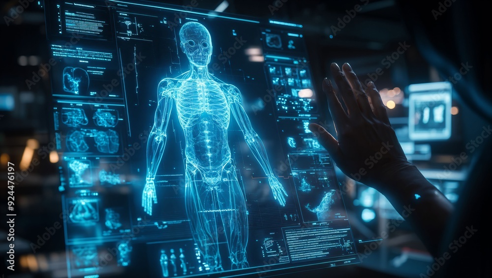 A cutting-edge exploration of human anatomy through advanced technology, showcasing an illuminated skeleton and holographic data in a sleek, modern setting. A cutting-edge exploration of human anatomy through advanced technology, showcasing an illuminated skeleton and holographic data in a sleek, modern setting.
