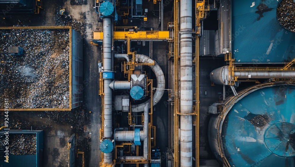 Aerial View of a Massive Industrial Complex Highlighting Pipes, Waste, and Machinery, Capturing the Essence of Modern Waste Management Techniques and Industrial Operations.