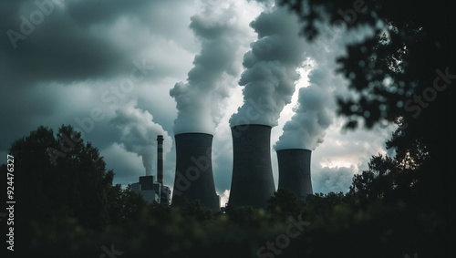 A striking view of towering cooling towers releasing white steam against a moody sky, embodying the intersection of industrial progress and environmental impact beautifully.