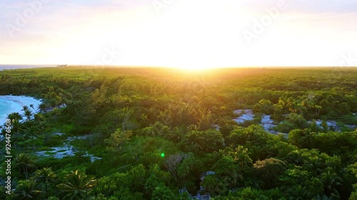 Sunset over the beach in the Caribbean topics, Drone video photo