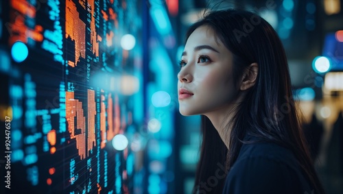 A Young Woman Gazes Intently at a Vibrant Digital Display, Illuminated by Neon Lights, Capturing the Intersection of Technology and Human Emotion in a Modern Cityscape