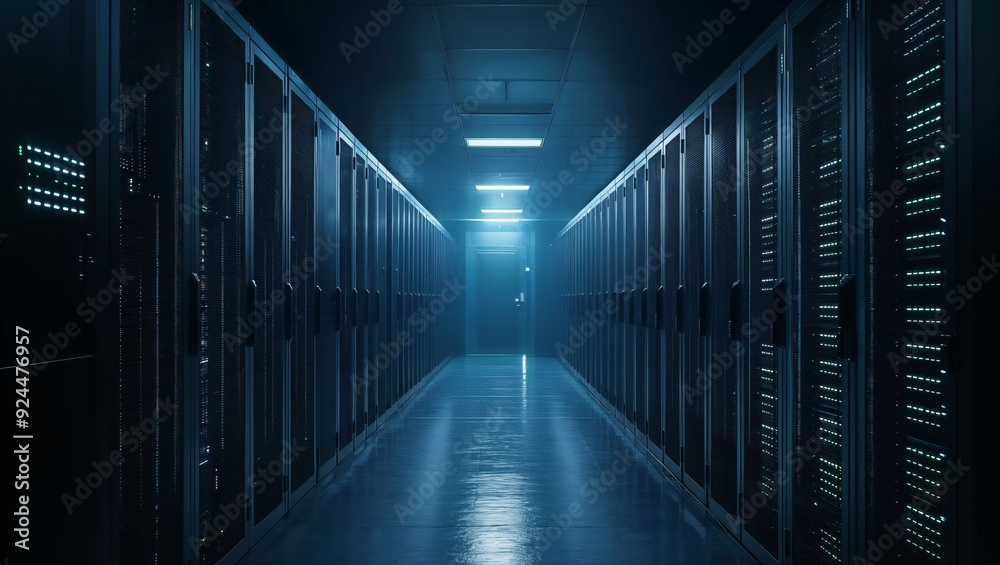 A Mysterious Corridor of Digital Power: Inside a Dark Server Room Where Glowing Lights Flicker, It Invites Intrigue and Reflects the Pulse of Modern Technology. A Mysterious Corridor of Digital Power: Inside a Dark Server Room Where Glowing Lights Flicker, It Invites Intrigue and Reflects the Pulse of Modern Technology.