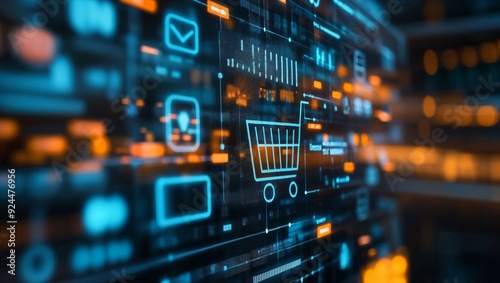 Wallpaper Mural A Vivid Digital Interface Showcasing an Interactive Shopping Cart on an Innovative Background of Glowing Elements and Connections, Symbolizing Modern E-commerce Experience Torontodigital.ca