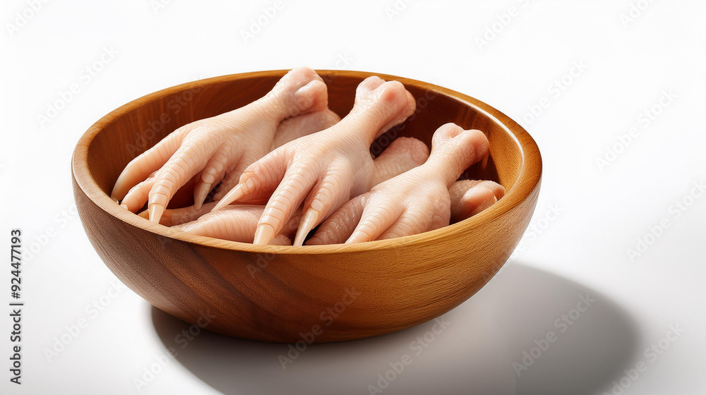 An illustration of boiled chicken feet in a minimalist wooden bowl, isolated on a pure white background, harsh light, and crisp shadow effects.