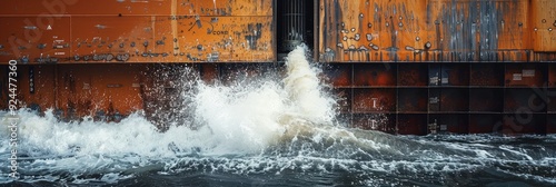 Discharge of bilge water from the side of a cargo ship. photo