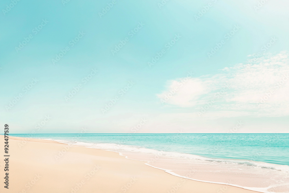 Serene beach scene with soft waves gently washing ashore under a clear sky, symbolizing peace, relaxation, and a perfect summer getaway with ample copy space.