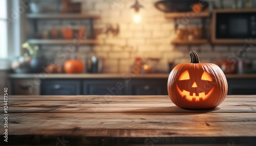 Empty kitchen table top with Halloween pumpkin