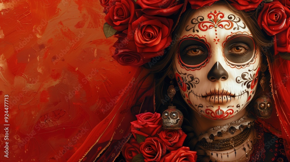 Woman with traditional Day of the Dead makeup adorned with red roses against a vibrant red background. Concepts of cultural celebration, Mexican heritage, and artistic expression. Woman with traditional Day of the Dead makeup adorned with red roses against a vibrant red background. Concepts of cultural celebration, Mexican heritage, and artistic expression.