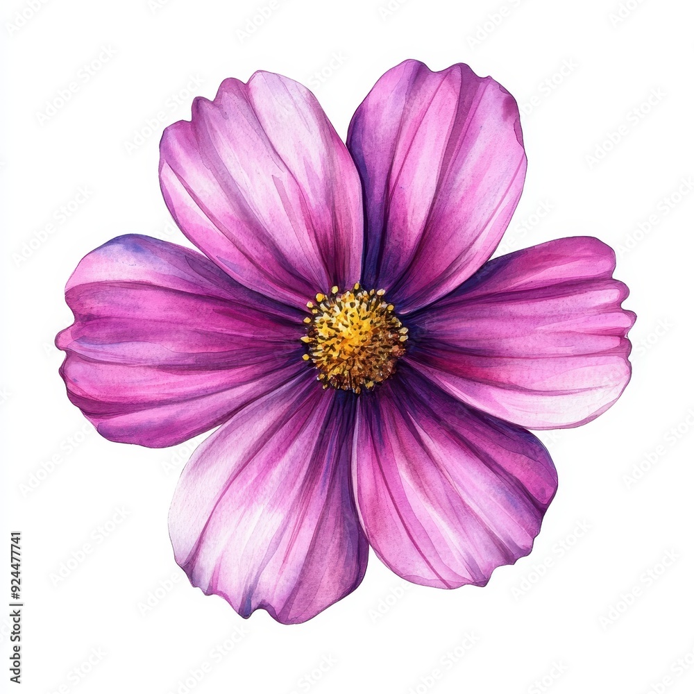 Obraz premium Vibrant Magenta Cosmos Flower Watercolor Clipart - Botanical Illustration on White Background
