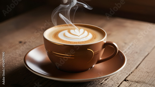 Phoenix A steaming hot cappuccino coffee cup sits on ai generative