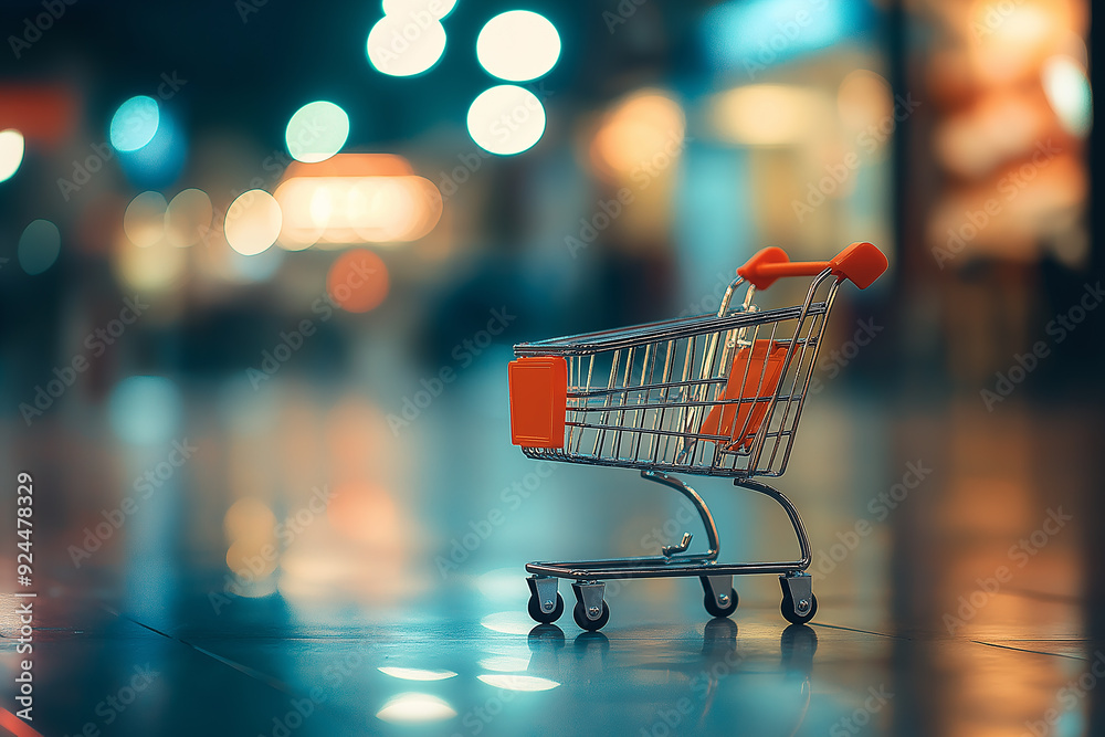 Blurry image of a shopping cart in a dimly lit mall with soft bokeh lights, conveying a sense of solitude and consumerism. Blurry image of a shopping cart in a dimly lit mall with soft bokeh lights, conveying a sense of solitude and consumerism.