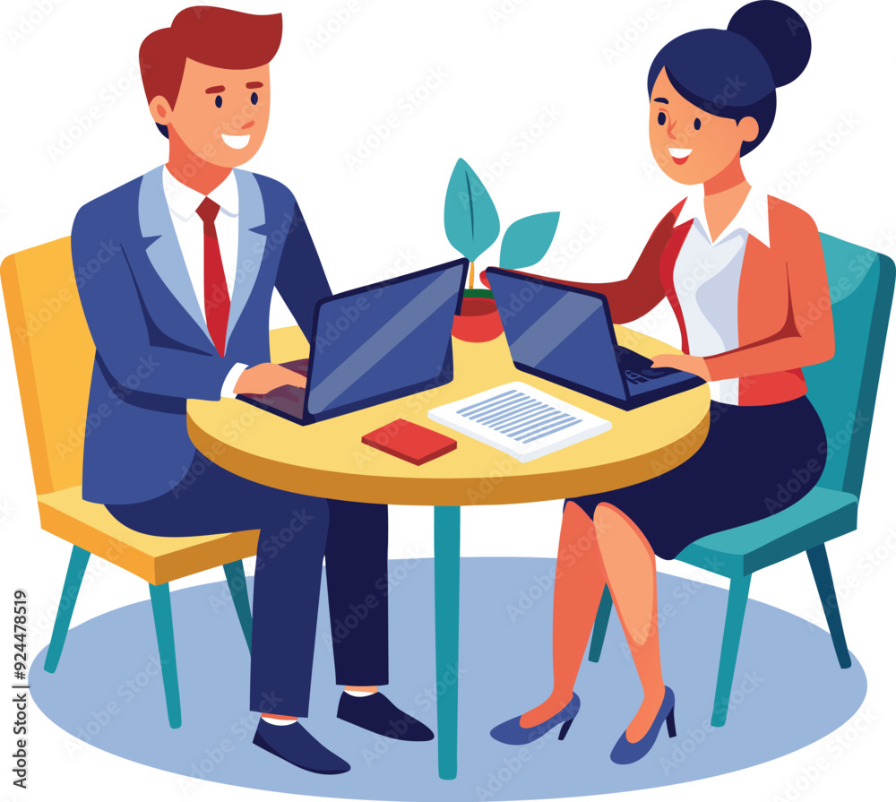 Partners meeting for business discussion with documents and laptop on desk. Couple at round table, speaking, discussing work, partnership. Flat vector illustration isolated on white background Partners meeting for business discussion with documents and laptop on desk. Couple at round table, speaking, discussing work, partnership. Flat vector illustration isolated on white background