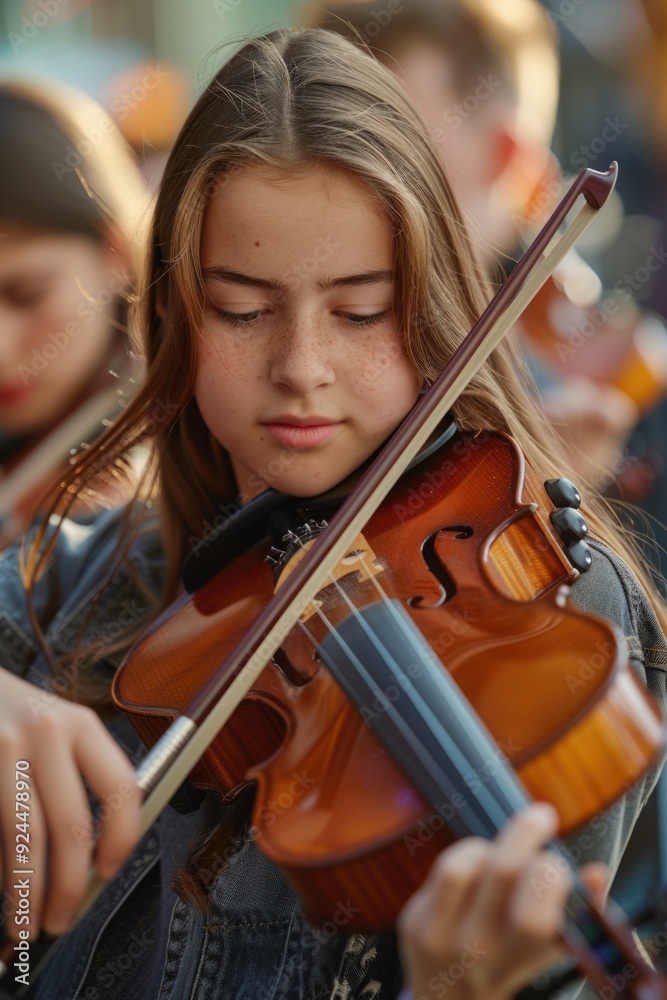 A young girl performing on her violin in the midst of a bustling crowd, great for any music-related or community-focused concept A young girl performing on her violin in the midst of a bustling crowd, great for any music-related or community-focused concept