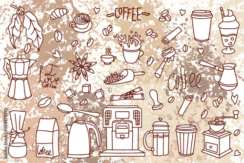 Set of cute doodle cafe icons. Set of hand drawn coffee designs: drinks, snacks and coffee utensils. Vector outline of hand drawn coffee and pastries for cafe menu. Vector
