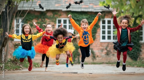 Excited children jumping in the air wearing halloween costumes. They are outdoors on a paved driveway with a brick house in the background