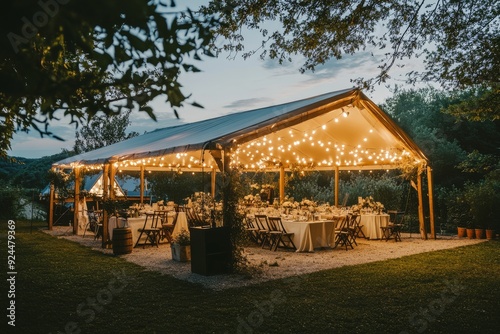 Outdoor wedding tents set up for evening events It was bright with lights and the tables were decorated with white tablecloths.