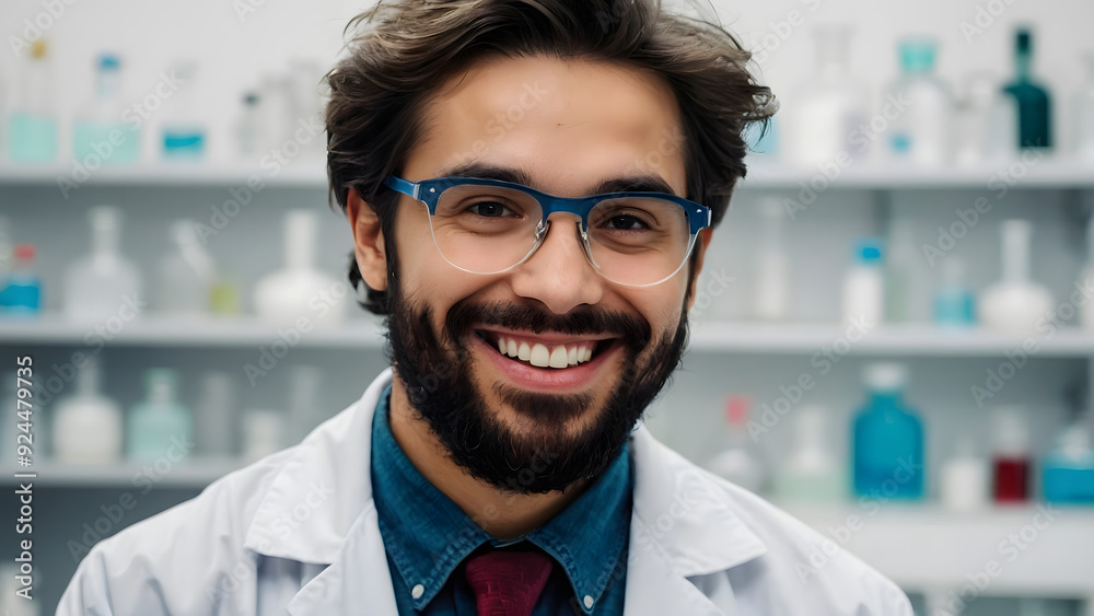 A man with a beard and glasses in a white coat. A chemist stands in a laboratory A man with a beard and glasses in a white coat. A chemist stands in a laboratory