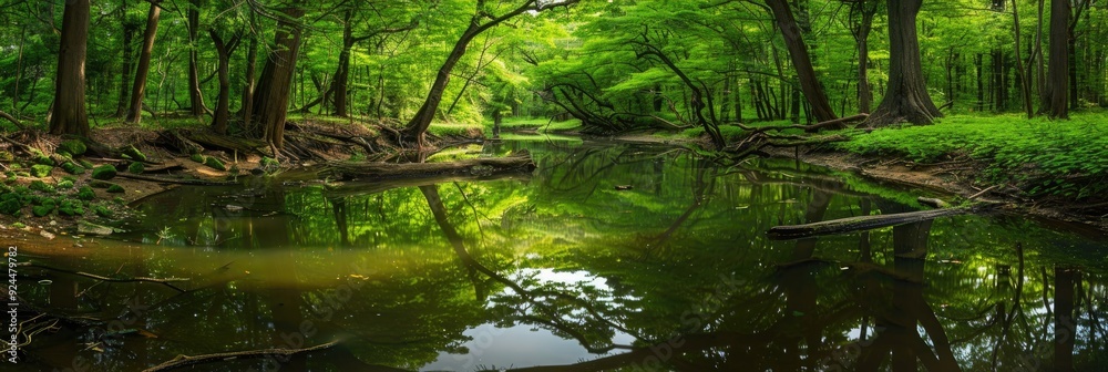 Obraz premium Serene forest scene featuring a winding river mirroring abundant greenery at the base