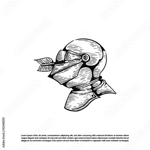 Vintage hand drawn knight head armor with an arrow stuck in his face