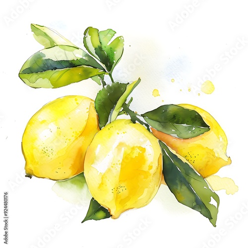 Watercolor yellow lemon fruits and leaves, watercolor fruit. Generative AI.