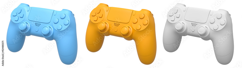 Collection of gaming controllers with different colors and designs for gaming enthusiasts isolated on white background with clipping path Collection of gaming controllers with different colors and designs for gaming enthusiasts isolated on white background with clipping path