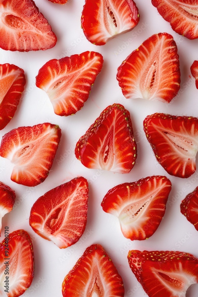 Sliced strawberries arranged on a white surface Sliced strawberries arranged on a white surface