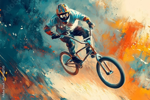 A BMX rider performing a trick in the air, thrilling and daring, digital painting, vibrant and detailed