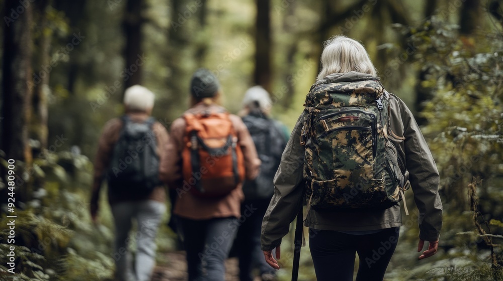 A diverse group of senior hikers walking in the forest, captured. A diverse group of senior hikers walking in the forest, captured.