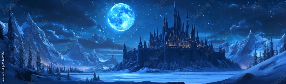 Fototapeta premium Winter Moon's Embrace: The Enchanted Snow Castle Illuminated by the Mystical Lunar Glow, Revealing Every Corner and Secret in Anime Style, storybook illustrations, comic strips, book illustrations and