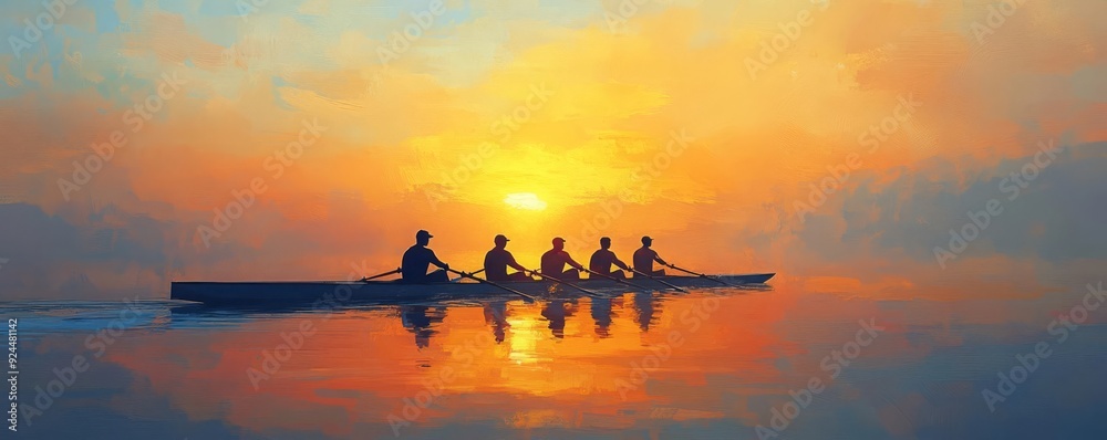 A rowing team in perfect unison at sunrise, strong and peaceful, digital painting, soft and natural colors A rowing team in perfect unison at sunrise, strong and peaceful, digital painting, soft and natural colors