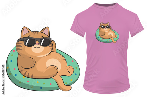 Cool fat cat with sunglasses chilling. Funny quote Lazy but happy. Vector illustration for tshirt, website, clip art, poster and print on demand merchandise.