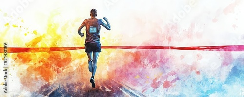 A runner crossing the finish line of a marathon, triumphant and exhausted, watercolor, soft and bright hues