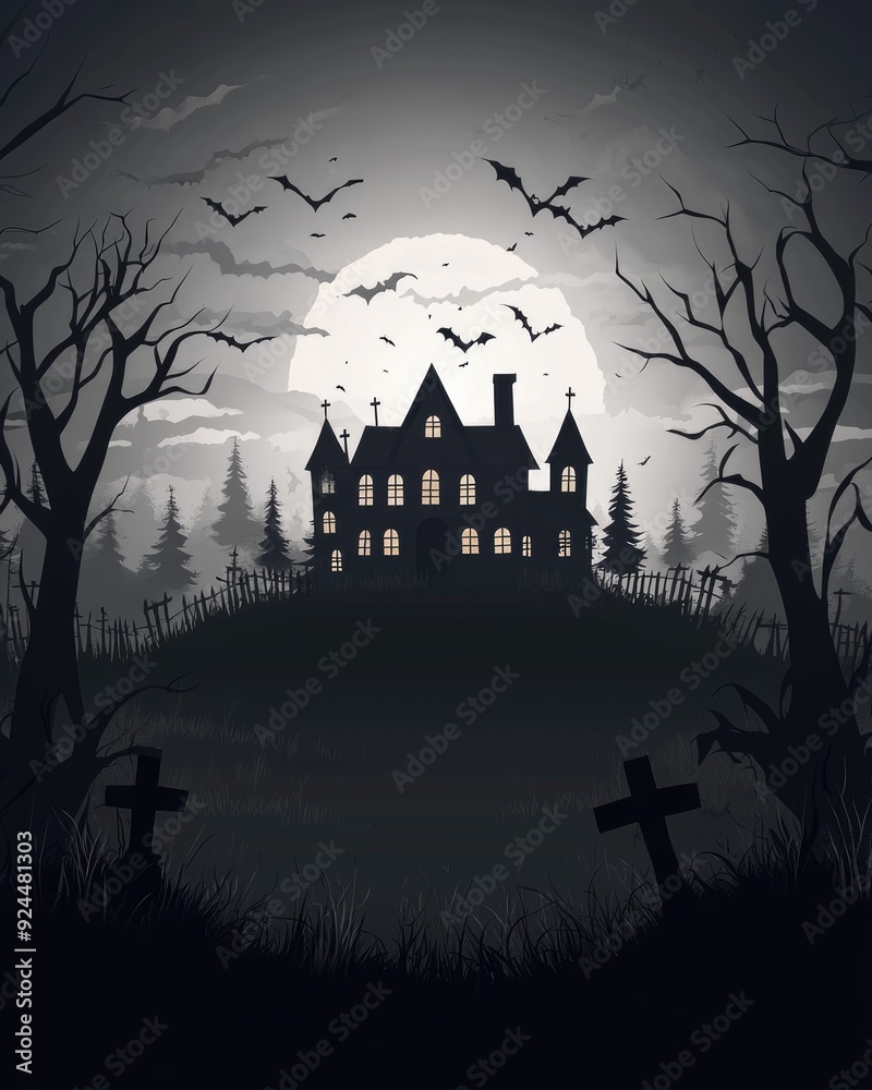 Eerie Silhouette of Haunted House on Hill With Twisted Trees and Graveyard, Spooky Halloween Scene in Silhouette Art Style Eerie Silhouette of Haunted House on Hill With Twisted Trees and Graveyard, Spooky Halloween Scene in Silhouette Art Style