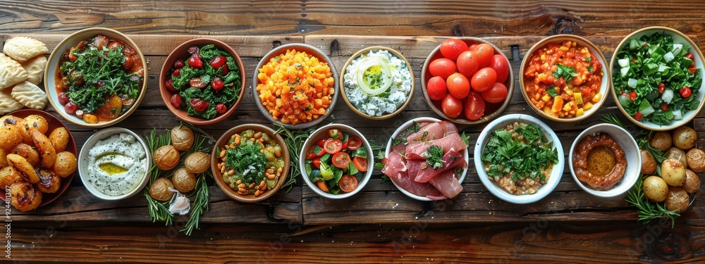 Fototapeta premium Lebanese Mezze Reimagined Develop a modern mezze platter with a focus on bold flavors and textures.