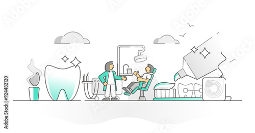 Dentistry and stomatology as tooth health medicine monocolor outline concept, transparent background. Oral mouth doctor with patient examination for clean and healthy teeth illustration.