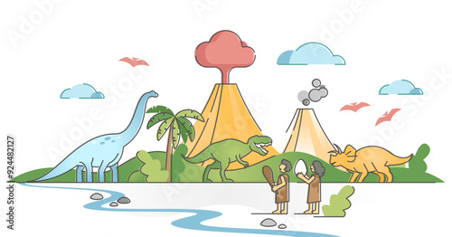 Dinosaurs landscape scene with jurassic humans and animals outline concept, transparent background. Paleo time and prehistoric era with dino in wildlife illustration. Pristine nature view.