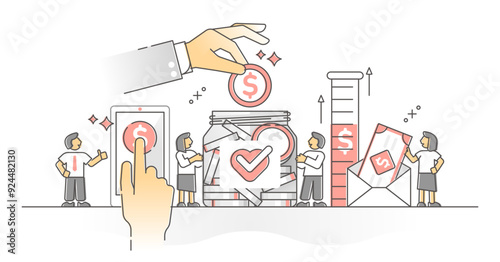 Donating money as charity financial support campaign monocolor outline concept, transparent background. Volunteer cash payment donation to help and give hope to poor illustration.