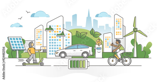 Electric transportation with green alternative energy batteries consumption outline concept, transparent background. Carbon emissions free urban zone.