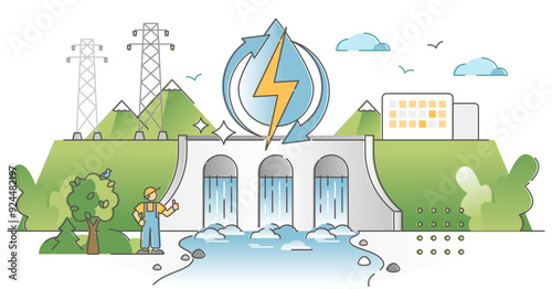 Hydroelectric power production and ecological green electricity from water stream outline concept, transparent background.