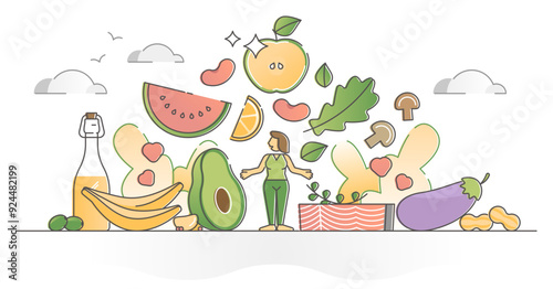 Healthy eating lifestyle with fresh organic food ingredients outline concept, transparent background. Health diet with raw vegetables, greens, legumes, fruits and fishes illustration.