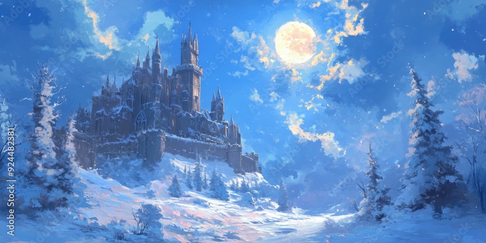 Winter Moon's Embrace: The Enchanted Snow Castle Illuminated by the Mystical Lunar Glow, Revealing Every Corner and Secret in Anime Style, storybook illustrations, comic strips, book illustrations and Winter Moon's Embrace: The Enchanted Snow Castle Illuminated by the Mystical Lunar Glow, Revealing Every Corner and Secret in Anime Style, storybook illustrations, comic strips, book illustrations and
