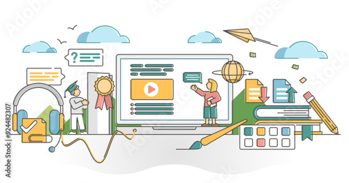 Online education with kids distant school lesson outline concept, transparent background. Knowledge study graduation after digital training and courses from teacher workshops illustration.
