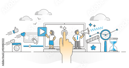 Online marketing campaign tool for ads and advertising monocolor outline concept, transparent background. PPC method in social media illustration. Browser pop up commercials strategy.