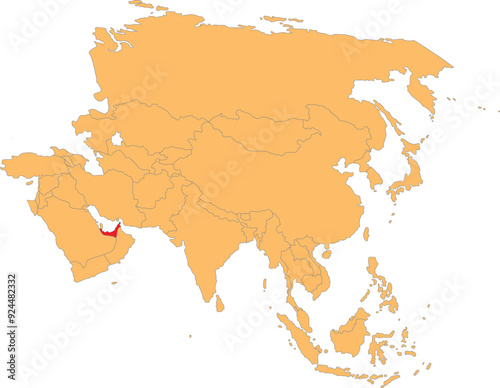 Highlighted map of UNITED ARAB EMIRATES inside detailed blank flat political map of the Asian continent on isolated background