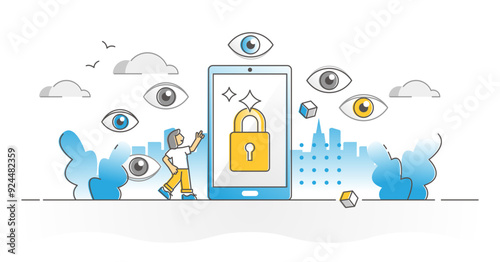 Privacy protection as device private data leaking prevention outline concept, transparent background. Information safety as cyberspace shield and messages encryption technology illustration.