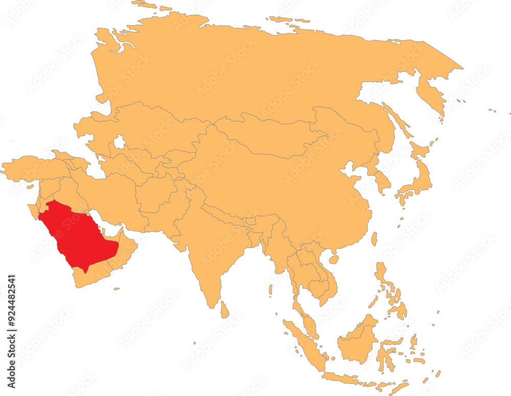 Highlighted map of SAUDI ARABIA inside detailed blank flat political map of the Asian continent on isolated background Highlighted map of SAUDI ARABIA inside detailed blank flat political map of the Asian continent on isolated background