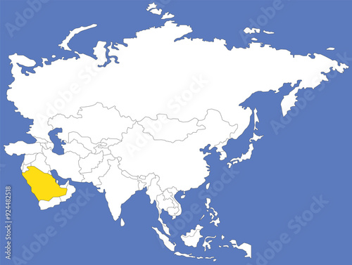 Highlighted map of SAUDI ARABIA inside detailed blank flat political map of the Asian continent on isolated background