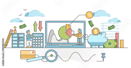 Accounting as financial company bills and report management outline concept, transparent background. Employee work for money flow analysis, profit calculation and tax consulting illustration.